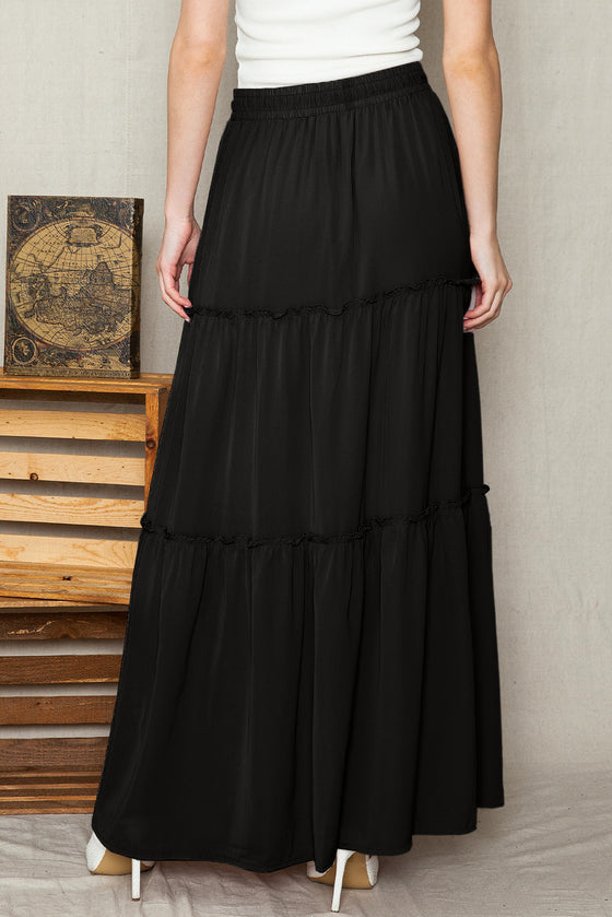 Black Casual Tiered Drawstring Elastic Waist Maxi Skirt