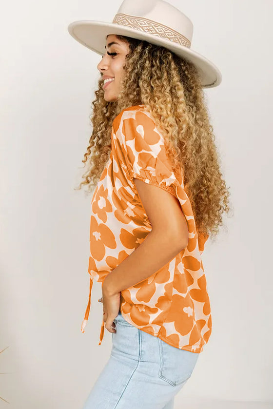 Orange Satin Retro Floral V-Neck Blouse