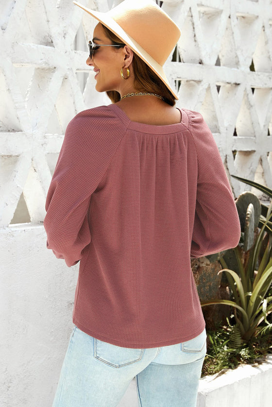 Pink Waffle Texture Casual Square Neck Pullover Top | Available in 5 Colors