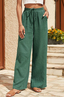  Mist Green Crinkled Tied Waist Wide Leg Pants