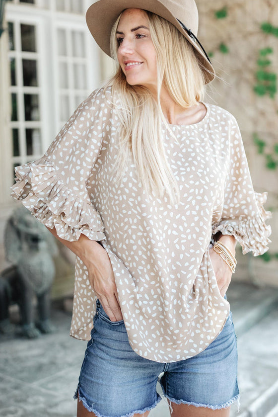 Khaki Spotted Print Loose Fit Ruffle Sleeve Blouse