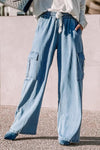 Sky-Blue Drawstring High Waist Cargo Pocket Wide Leg Jeans