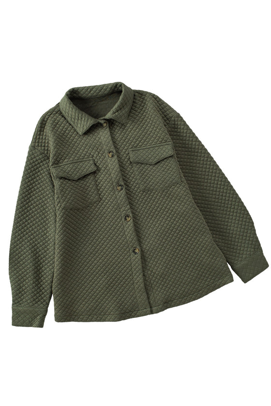 Khaki Lattice Texture Pockets Button Up Quilted Shacket | Available in 4 Colors