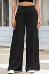 Black Drawstring Smocked Waist Wide Leg Pants