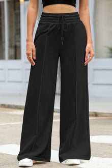  Black Drawstring Smocked Waist Wide Leg Pants