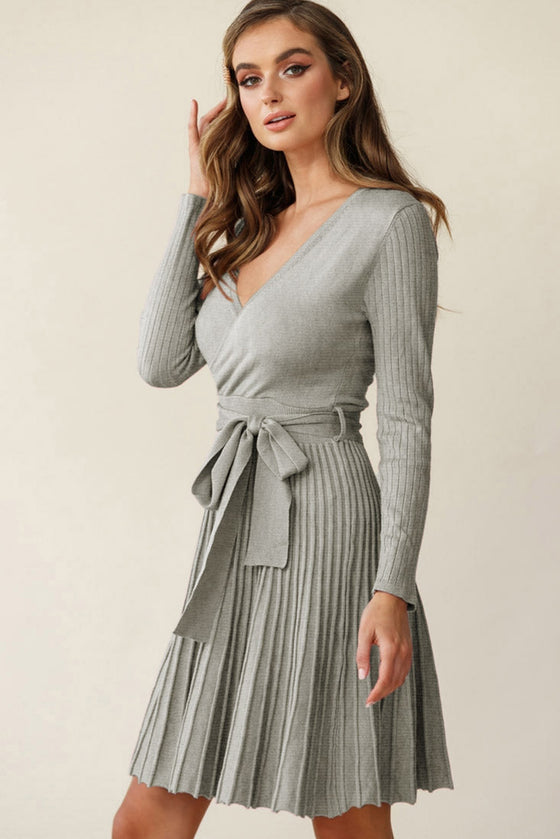 Belted Wrap V Neck Ribbed Pleated Sweater Dress in Gray or Brown