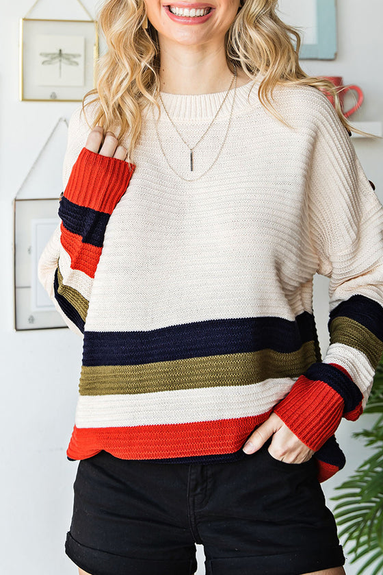 Colorblock Striped Button Drop Shoulder Pullover Sweater | Available