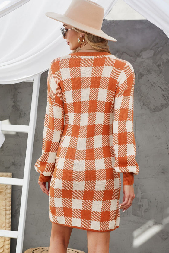 Orange Plaid Casual Drop Sleeve Knit Sweater Dress