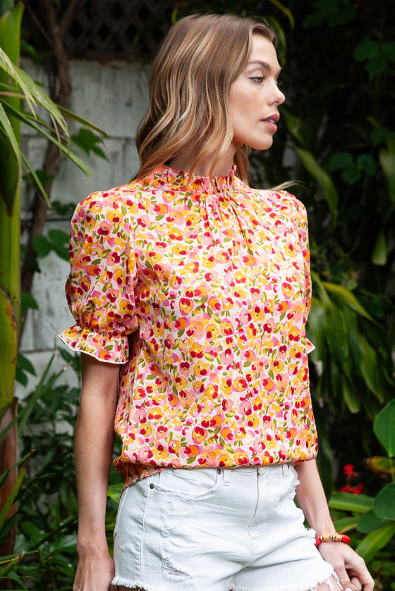 Orange Floral Mock Neck Blouse | Available in Yellow