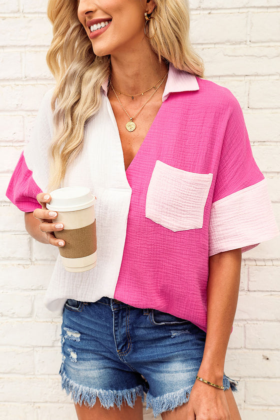 Hot Pink Color Block Short Sleeve Polo Blouse