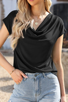  Black Solid Color Cowl Neck Tee