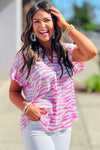 Pink Zebra Print V-Neck Roll Up Sleeve Blouse | Available in Black