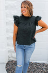 Black Frilled Neck Ruffle Textured Blouse