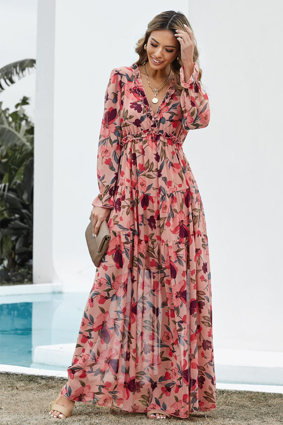 Pastel Red Floral Print Ruffle Trim Plunge Neckline Maxi Dress