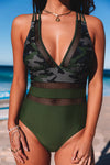 Army Green Camo Patchwork Deep V Neck One-Piece Swimsuit