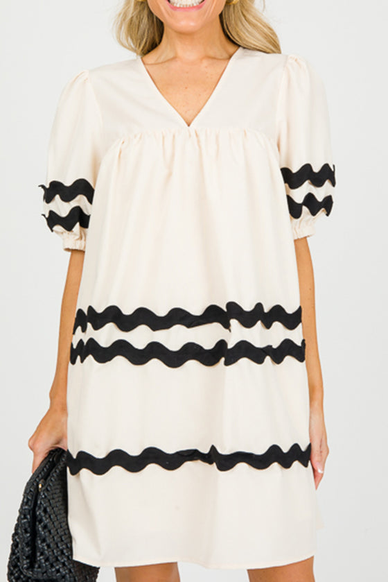 White Short Puff Sleeve Pleated Ric Rac Mini Dress