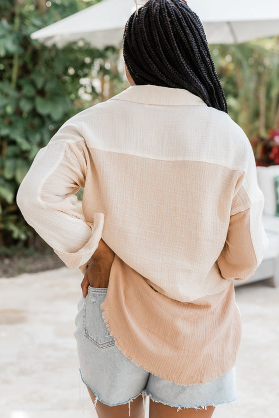 Wholesale Khaki Color Block Buttoned Raw Hem Textured Shirt