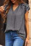 Gray V Neck Tiered Ruffle Sleeve Top | Available in 2 Colors