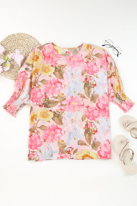 Pink 3/4 Sleeve Loose Fit Floral Blouse