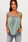 Pastel Green Crochet Square Neck Sleeveless Shirt