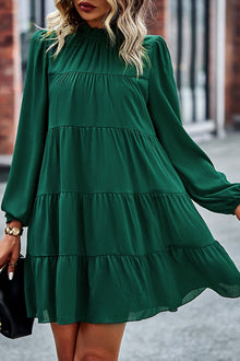  Green Mock Neck Solid Color Pleated Mini Dress