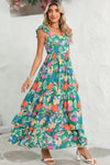 Green Boho Floral Print Ruffle Sleeveless Tiered Maxi Dress