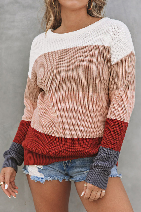 Red Color Block Casual Knit Pullover Sweater