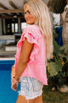 Pink Eyelet Patchwork Ruffle Frayed Crinkle Blouse