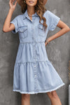 Blue Button Up Short Sleeve Denim Shirt Dress