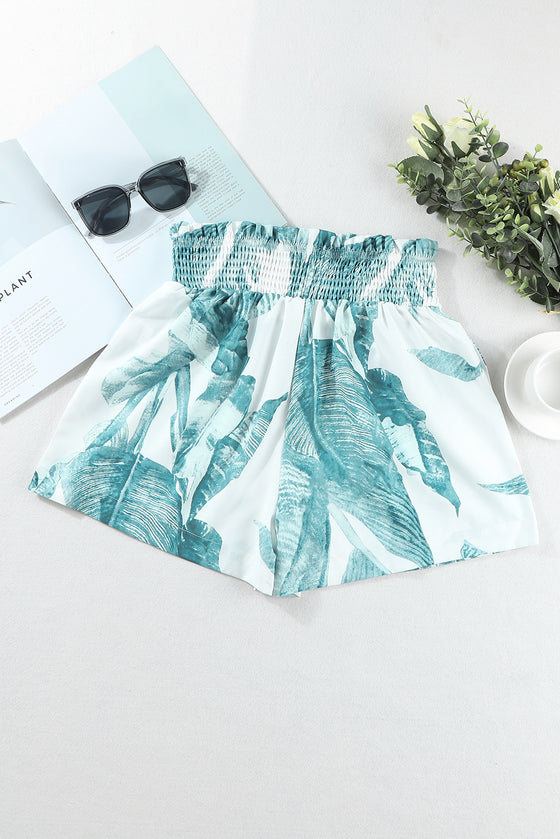 Green Casual Tropical Leaf Smocked Shorts