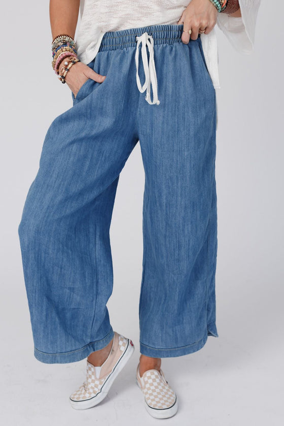 Sky Blue Drawstring Waist Wide Leg Pants