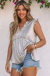 Khaki Frilled V Neck Metallic Crinkle Sleeveless Blouse