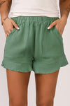 Khaki Casual Pocketed Ruffle High Waist Shorts