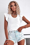 White Rib Knitted Ruffle Shoulder U Neck Top