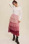 Pink Gradient Mesh Ruffle Tiered Tulle Maxi Skirt