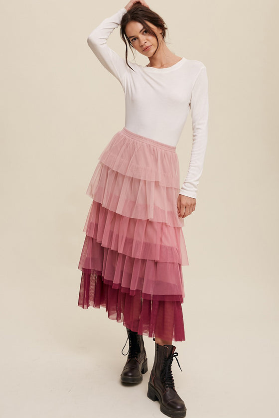 Pink Gradient Mesh Ruffle Tiered Tulle Maxi Skirt