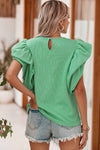 Green Solid Color Ruffle Sleeve Ribbed Blouse