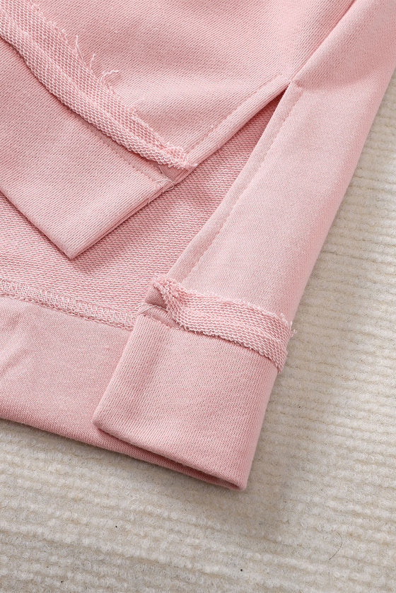 Pink Casual Frayed Trim Side Slit Loose Sweatshirt