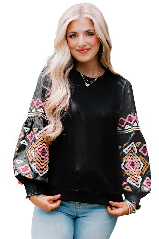 Black Geometric Lantern Sleeve Round Neck Blouse