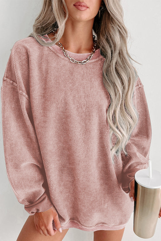 Pink Solid Ribbed Round Neck Pullover Sweatshirt |Available in 6 Colors