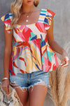 Multicolor Abstract Print Ruffled Sleeveless Square Neck Shirt