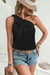 Black Solid Color Asymmetrical Knot Textured Sleeveless Shirt | Available in 2 Colors