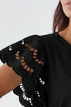 Black T-shirt with Crochet Lace Short Sleeves | Available in 2 Colors