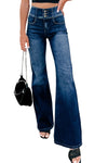 Blue Buttons Elastic Wide Waistband Back Flare Jeans