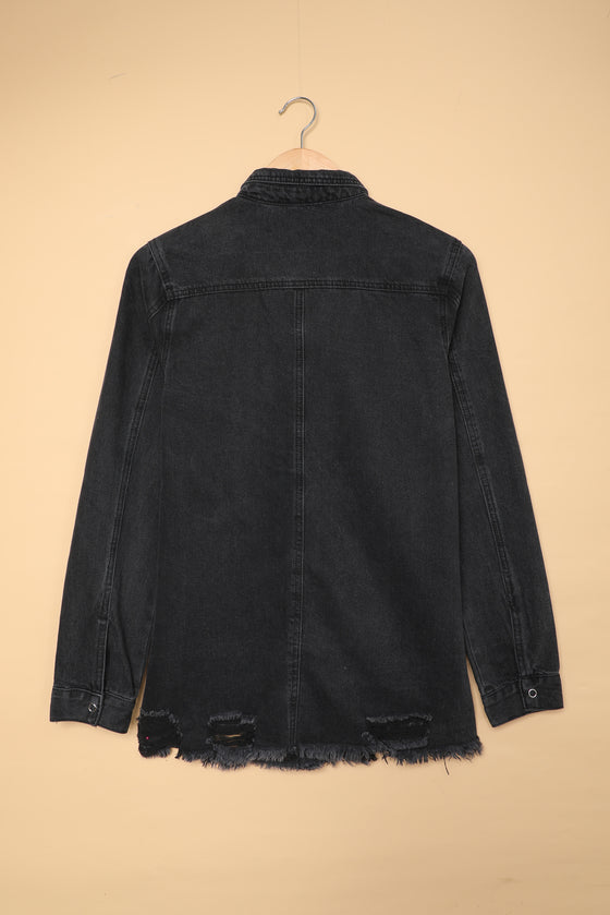 Black Ripped Raw Hem Button Up Denim Shacket