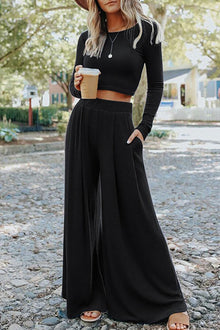  Black Plain Ribbed Crop Top & Wide Leg Pants Two Piece Pants Set | 3 Colors Available