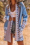 Blue Aztec Print Western Open Front Knit Cardigan