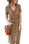 Khaki Leopard Print Waist Belted Button Up Shirt Dress