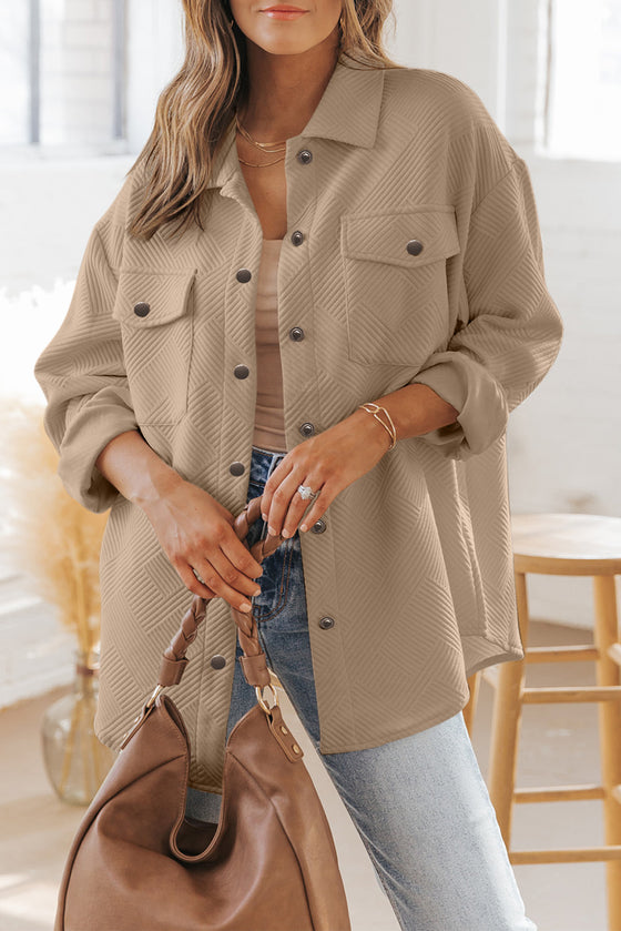 Beige Solid Textured Flap Pocket Buttoned Shacket | Available in 4 Colors