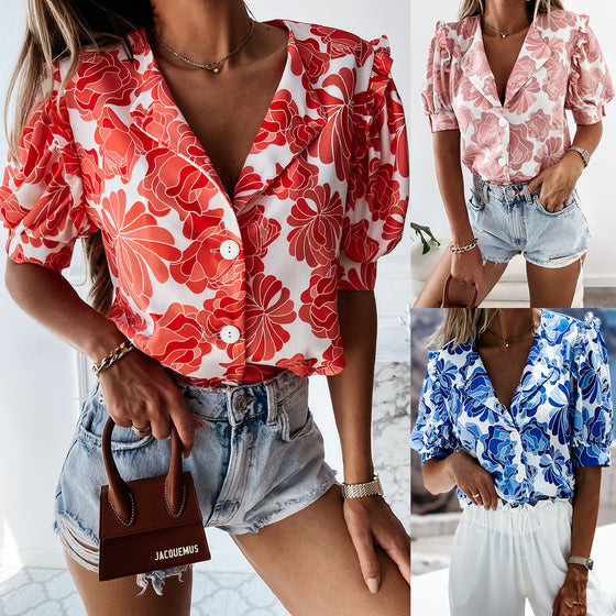 Floral Short Sleeve Chiffon Shirt Women